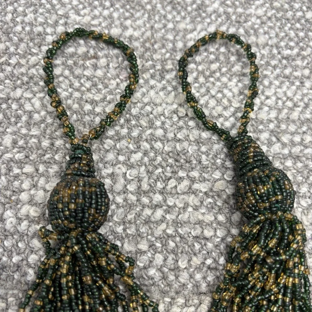 Beaded Curtain Tie Back Embellished Green Cream Brown Tones VTG Beautiful Home